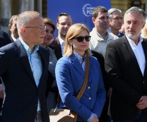 23.04.2021., Zagreb - Kandidat Domovinskoga pokreta za gradonacelnika Zagreba Miroslav Skoro, Ana Lederer, kandidatkinja DP-a za zamjenicu gradonacelnika Zagreba i Zlatko Hasanbegovic, kandidat na listi za Gradsku skupstinu, odrzali su konferenciju za medije na temu Upravljanje kulturom i obrazovanjem u Gradu Zagrebu. 
Photo: Marko Lukunic/PIXSELL