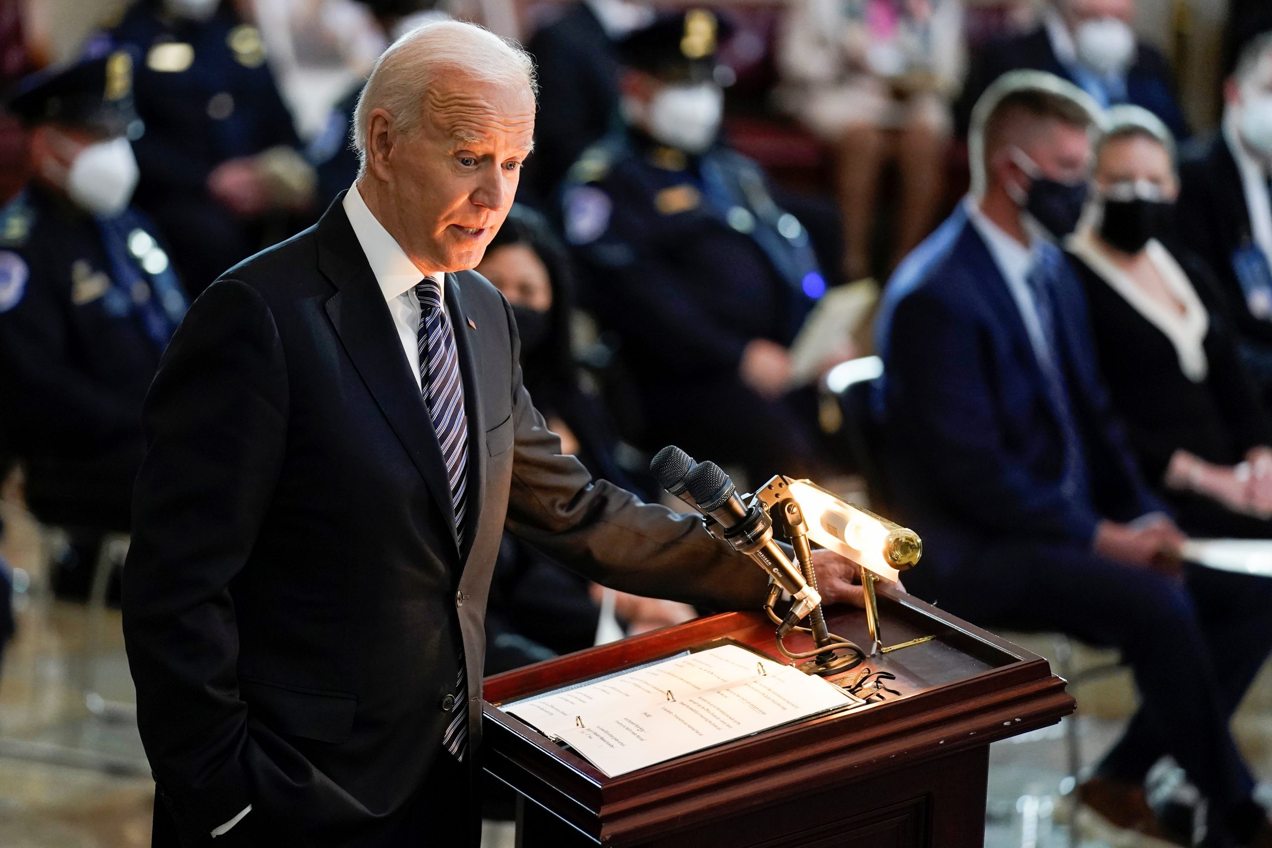 Slain U.S. Capitol Police officer William Evans is honored at the U.S. Capitol in Washington U.S. President Joe Biden speaks during a ceremony for slain U.S. Capitol Police officer William “Billy” Evans as he lies in honor at the Capitol in Washington, DC, U.S. April 13, 2021. Amr Alfiky/Pool via REUTERS POOL