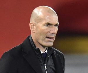 epa09135713 Real Madrid's head coach Zinedine Zidane reacts during the UEFA Champions League quarter final, second leg soccer match between Liverpool FC and Real Madrid in Liverpool, Britain, 14 April 2021.  EPA/Peter Powell