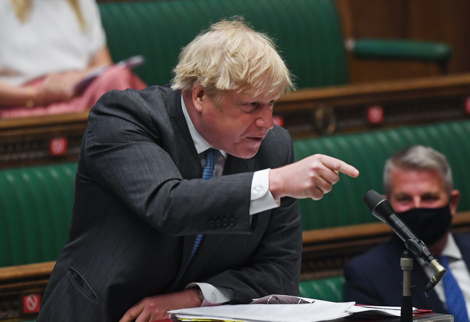 epa09165589 A handout photograph released by the UK Parliament shows British Prime Minister Boris Johnson during the Prime Minister's Questions (PMQs) in the House of Commons in London, Britain, 28 April 2021.  EPA/JESSICA TAYLOR/UK PARLIAMENT HANDOUT MANDATORY CREDIT: UK PARLIAMENT/JESSICA TAYLOR HANDOUT EDITORIAL USE ONLY/NO SALES
