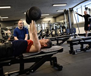 epa09180437 Peole train in a fitness center in Copenhagen, Denmark, 06 May 2021. Denmark eases its lockdown restrictions in fitness centers from 06 May 2021.  EPA/PHILIP DAVALI  DENMARK OUT