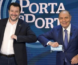 epa09181580 Italy League Party leader Matteo Salvini (L) is welcomed as a guest of the tv Rai1 program 'Porta a porta' hosted by the Italian journalist Bruno Vespa (R), in Rome, Italy, 06 May 2021.  EPA/CLAUDIO PERI