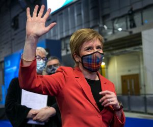 epa09183765 Scotland's First Minister and leader of the Scottish National Party (SNP), Nicola Sturgeon celebrates being declared the winner of the Glasgow Southside seat at Glasgow counting centre in the Emirates Arena in Glasgow, Britain 07 May 2021. People in Scotland headed to the polls on 06 May to elect 129 members of the Scottish Parliament. The vote count began on 07 May and the final results are expected to be announced on 08 May.  EPA/ROBERT PERRY