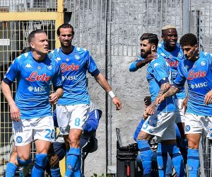 epa09185177 Napoli’s Nigerian forward Victor Osimhen (2-R) celebrates with team-mates after scoring a goal during the Italian Serie A soccer match Spezia Calcio vs SSC Napoli at Alberto Picco stadium in La Spezia, Italy, 08 May 2021.  EPA/SIMONE ARVEDA