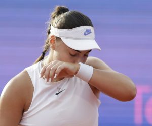 epa09220757 Ana Konjuh of Croatia reacts during her final match against Paula Badosa of Spain at the Serbia Ladies Open tennis tournament in Belgrade, Serbia, 22 May 2021.  EPA/ANDREJ CUKIC