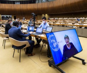epa09230826 UN High Commissioner for Human Rights Michelle Bachelet, is seen on a screen delivering her speech during a special session of the UN Human Rights Council to discuss situation in the Occupied Palestinian Territory, at the European headquarters of the United Nations in Geneva, Switzerland, 27 May 2021.  EPA/MARTIAL TREZZINI
