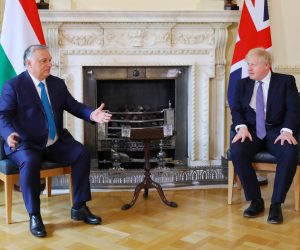 epa09233110 British Prime Minister Boris Johnson (R) meets with the Prime Minister of Hungary, Viktor Orban (L), in n10 Downing Street in London, Britain, 28 May 2021.  EPA/VICKIE FLORES / POOL international pool
