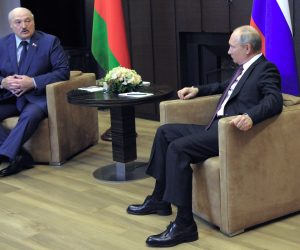 epa09233577 Russian President Vladimir Putin (R) speaks with Belarusian President Alexander Lukashenko (L) during their meeting in Sochi, Russia, 28 May 2021. This is the third meeting in a year between Alexander Lukashenko and Vladimir Putin, but the first after the aggravation of relations between Belarus and the EU due to the situation with the Ryanair flight.  EPA/MIKHAEL KLIMENTYEV/SPUTNIK/KREMLIN POOL