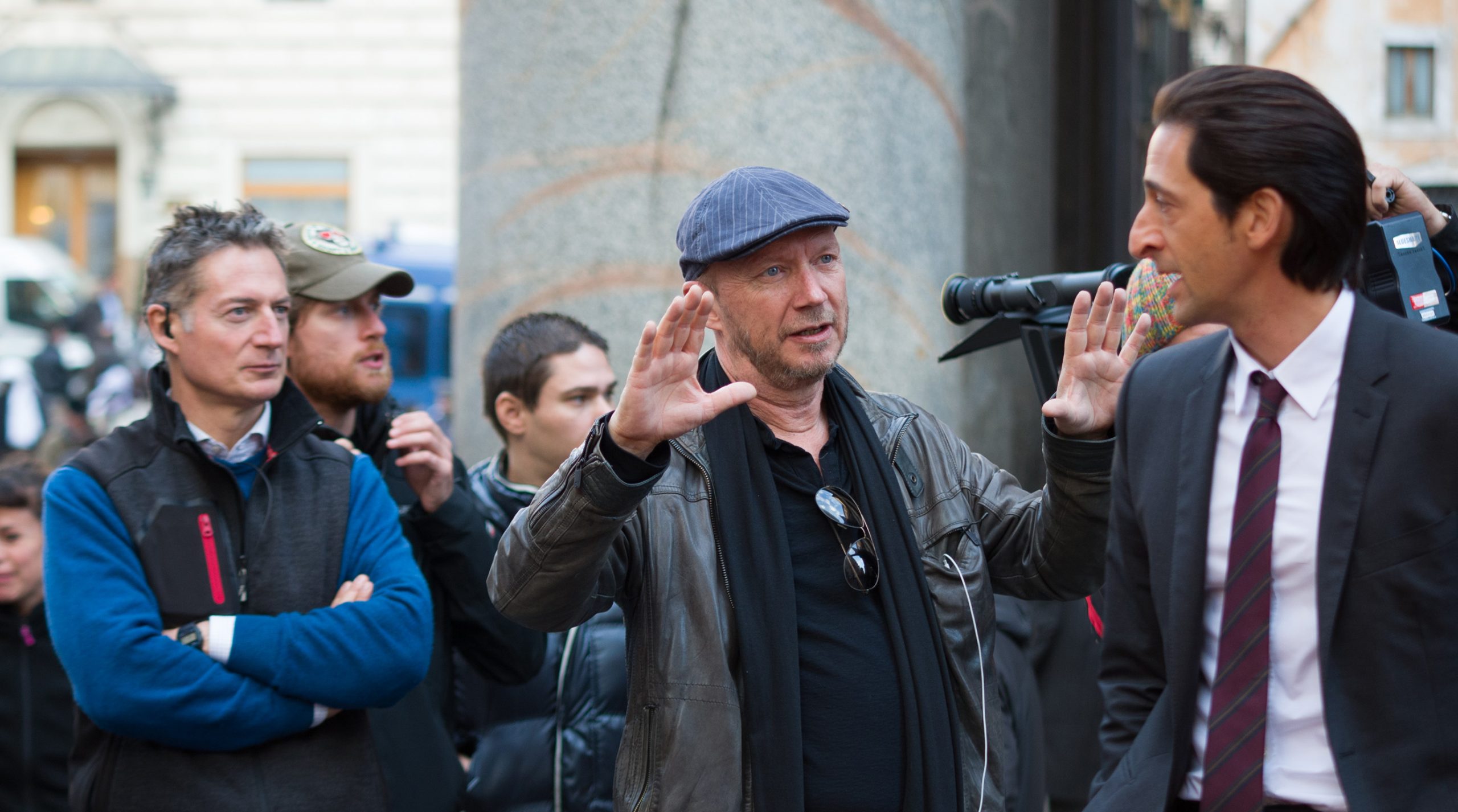 (l-r) Director Paul Haggis and Adrien Brody on the set of THIRD PERSON. ©Sony Pictures Classics. CR: Maria Marin.