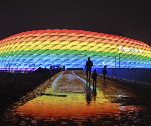 firo: 30.01.2021 football, 1. Bundesliga, season 2020/2021, FC Bayern Munich Muenchen - TSG Hoffenheim 4: 1 Allianz Arena, stadium, of, FC Bayern Munich, lights, in, the, rainbow colors as, sign, for, Tolerance, and, versus, discrimination, depositor, rainbow Photo by: Frank Hoerman/picture-alliance/dpa/AP Images