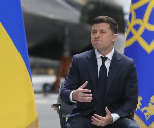 epa09214679 Ukrainian President Volodymyr Zelensky speaks during a press conference at the Antonov aircraft plant in Kiev, Ukraine, 20 May 2021. Zelensky answered journalists' questions during a press conference about his two years in office.  EPA/SERGEY DOLZHENKO