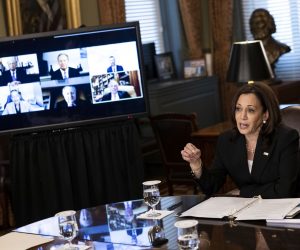 epa09232040 US Vice President Kamala Harris speaks during a meeting in the Vice President's Ceremonial Office in Washington, DC, USA, 27 May 2021. Harris will travel to Guatemala and Mexico early next month, after pledging more than 300 million US dollars in additional humanitarian aid for Northern Triangle countries that include Guatemala, Honduras and El Salvador.  EPA/Ting Shen / POOL