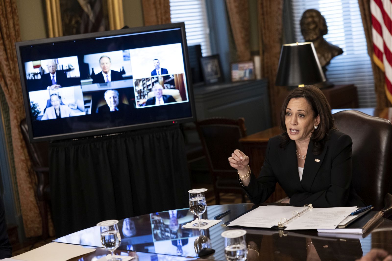 epa09232040 US Vice President Kamala Harris speaks during a meeting in the Vice President's Ceremonial Office in Washington, DC, USA, 27 May 2021. Harris will travel to Guatemala and Mexico early next month, after pledging more than 300 million US dollars in additional humanitarian aid for Northern Triangle countries that include Guatemala, Honduras and El Salvador.  EPA/Ting Shen / POOL