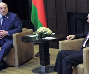 epa09233577 Russian President Vladimir Putin (R) speaks with Belarusian President Alexander Lukashenko (L) during their meeting in Sochi, Russia, 28 May 2021. This is the third meeting in a year between Alexander Lukashenko and Vladimir Putin, but the first after the aggravation of relations between Belarus and the EU due to the situation with the Ryanair flight.  EPA/MIKHAEL KLIMENTYEV/SPUTNIK/KREMLIN POOL
