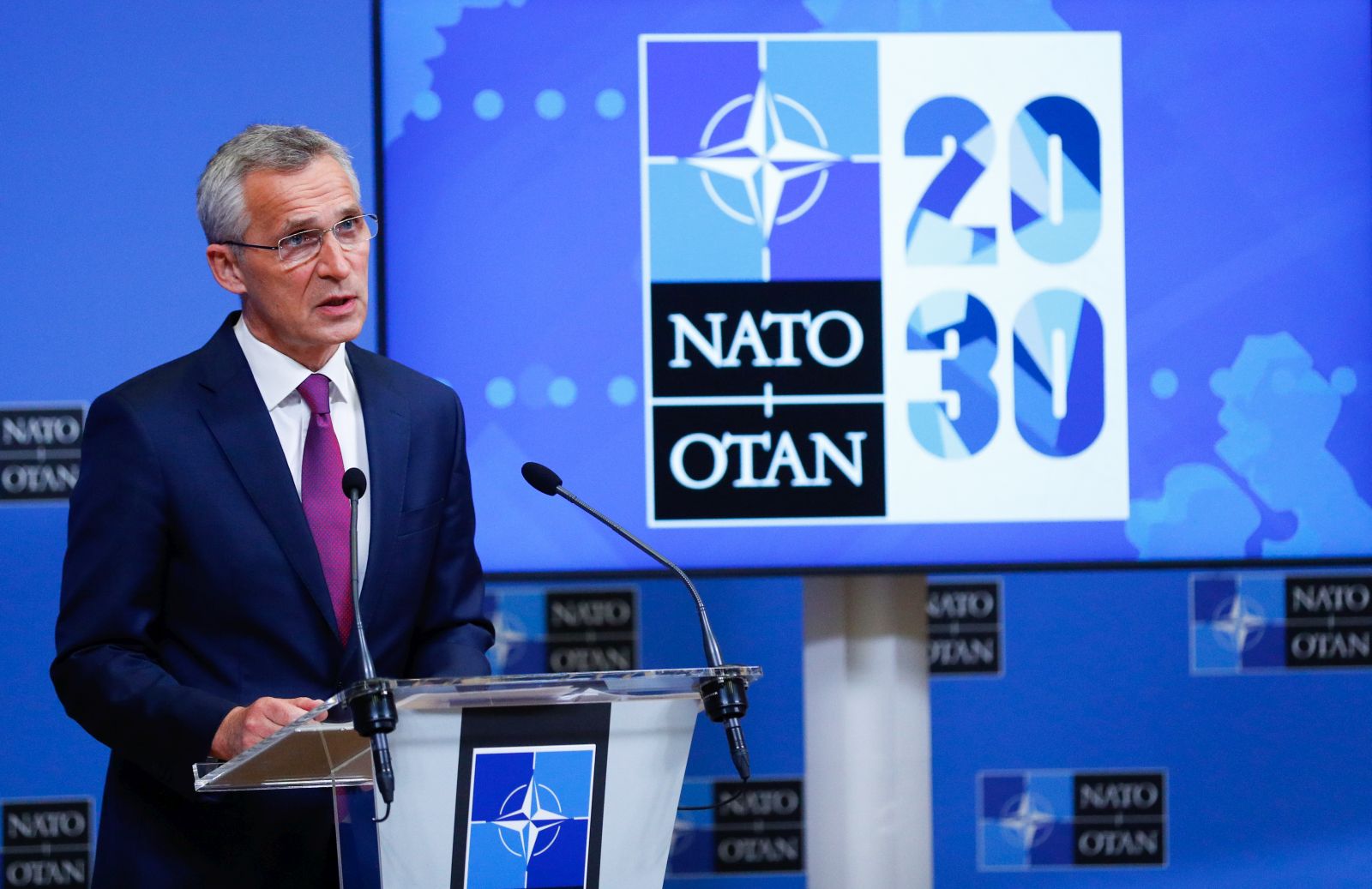epa09241329 NATO Secretary-General Jens Stoltenberg gives a news conference, at the Alliance's headquarters, in Brussels, Belgium, 01 June 2021.  EPA/JOHANNA GERON / POOL
