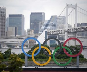 epa09246736 A giant Olympic rings monument is seen at Odaiba Marine Park in Tokyo, Japan, 03 June 2021 (issued 04 June 2021). Tamayo Marukawa, the minister in charge of the Tokyo Olympics, announced on 04 June that a reception for overseas officials planned to be hosted by Prime Minister Yoshihide Suga on 08 August 2021, the last day of the Tokyo Olympics, has been canceled to avoid spread of COVID-19 cases.  EPA/FRANCK ROBICHON