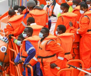 epa09255268 Sub Saharan migrants arrive in a Maritime Rescue boat to Arguineguin harbor, in Gran Canaria, Canary Islands, Spain, 08 June 2021. These migrants were rescued during the night by British M/V Anvil Point cargo ship while traveling near Dakhla (Western Sahara).  EPA/Elvira Urquijo A.