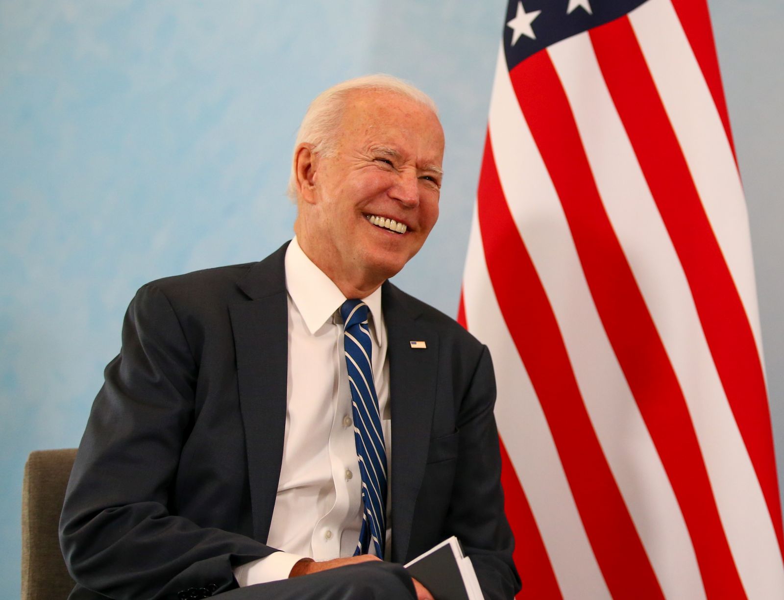 epa09259912 US President Joe Biden, reacts during his bilateral meeting with British Prime Minister Boris Johnson (not pictured) in Carbis Bay, Britain, on 10 June 2021. British Prime Minister Boris Johnson is meeting Joe Biden for the first time ahead of the Group of Seven summit that the UK is hosting.  EPA/Hollie Adams / POOL