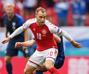 epa09265254 Christian Eriksen of Denmark in action during the UEFA EURO 2020 group B preliminary round soccer match between Denmark and Finland in Copenhagen, Denmark, 12 June 2021.  EPA/Stuart Franklin / POOL (RESTRICTIONS: For editorial news reporting purposes only. Images must appear as still images and must not emulate match action video footage. Photographs published in online publications shall have an interval of at least 20 seconds between the posting.)