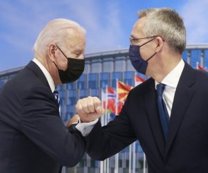 epa09269800 US President Joe Biden (L) and NATO Secretary General Jens Stoltenberg (R) greet each other with their elbows during a NATO summit at the North Atlantic Treaty Organization (NATO) headquarters in Brussels, Belgium, 14 June 2021. The 30-nation alliance hopes to reaffirm its unity and discuss increasingly tense relations with China and Russia, as the organization pulls its troops out after 18 years in Afghanistan.  EPA/STEPHANIE LECOCQ / POOL