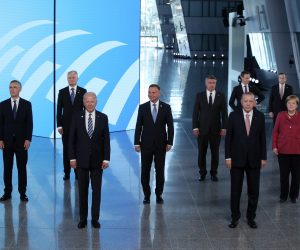 epa09270011 NATO heads of the states and governments pose for a family photo during the NATO summit at the Alliance's headquarters, in Brussels, Belgium, 14 June 2021.  EPA/YVES HERMAN / POOL