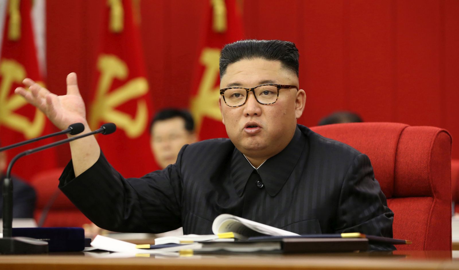 epa09275006 A photo released by the official North Korean Central News Agency (KCNA) shows North Korean Supreme Leader Kim Jong-un presiding over the opening of the third Plenary Meeting of the 8th Central Committee of the Workers' Party of Korea (WPK), amid unusual concern and expectations of all the Party members and all the people of the country keeping high fighting spirit braving manifold difficulties in their advance along the path indicated by the historic 8th Congress of the Party, in Pyongyang, North Korea, 15 June 2021 (issued 16 June 2021).  EPA/KCNA   EDITORIAL USE ONLY