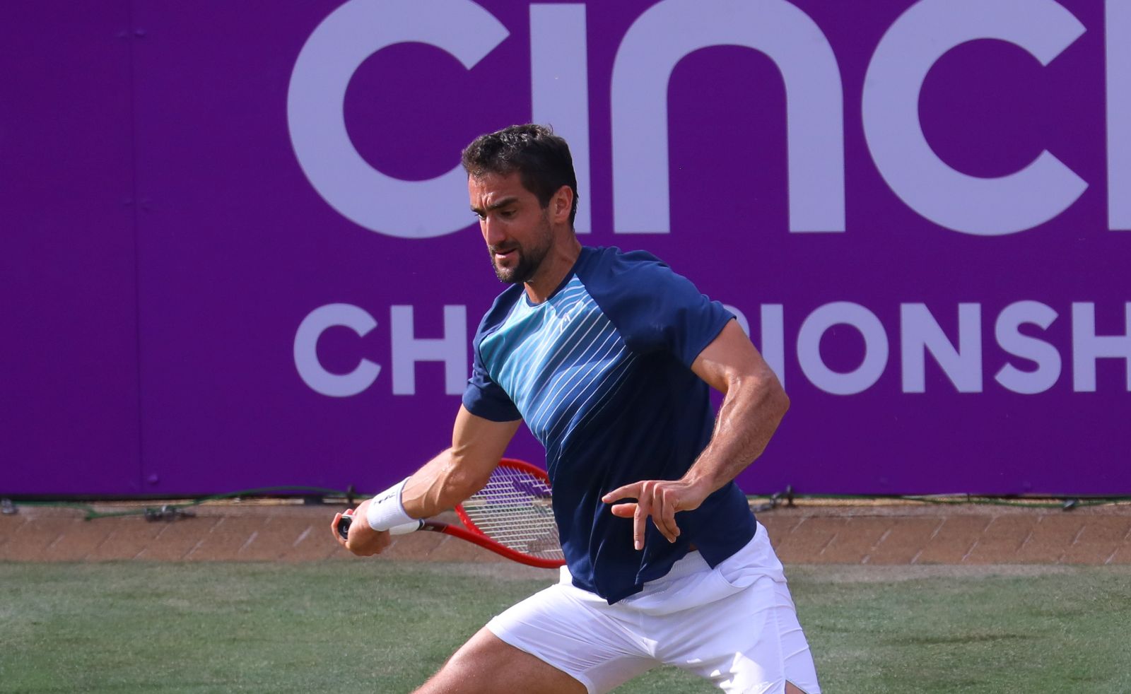 epa09277541 Croatia's Marin Cilic in action against Italy's Fabio Fognini during their match on day 3 at the Cinch Championships at the Queen's Club in London, Britain, 16 June 2021.  EPA/VICKIE FLORES