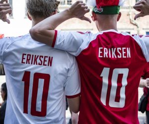 epa09279756 Danish fans wearing Christian Eriksen jersey cheer in Copenhagen, Denmark, 17 June 2021, hours before the start of the Group B match of EURO2020 between Denmark and Belgium.  EPA/Emil Helms  DENMARK OUT