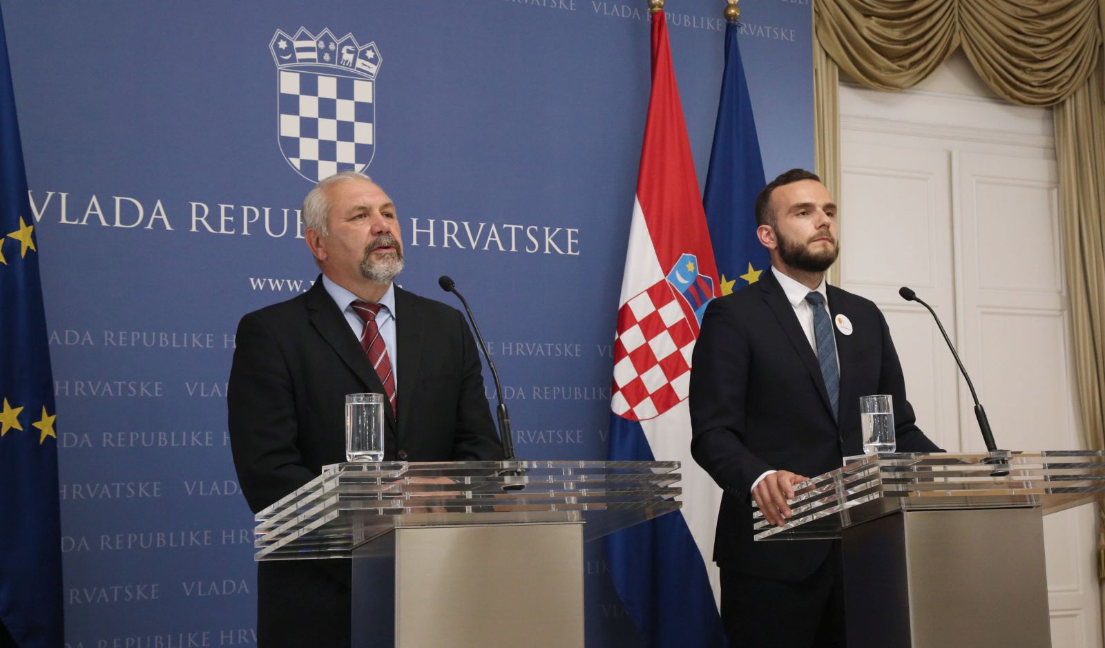 Zagreb, 18.07.2021. - U Banskim dvorima odrana je zajednièka konferencija za medije Josipa Aladroviæa (D), ministra rada, mirovinskoga sustava, obitelji i socijalne politike i Silvana Hrelje (L), predsjednika Hrvatske stranke umirovljenika. foto HINA /Zvonimir KUHTIÆ/ zk