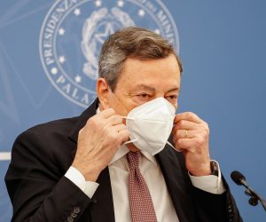epa09283906 Italian Premier Mario Draghi during a press conference at Chigi Palace, Rome, Italy, 18 June 2021. 'Despite all the confusion, it is extraordinary how the Italian population does not show the intention to decrease vaccination and not to vaccinate, it is extraordinary. Compared to other countries, it is one of the most admirable behaviors, let’s remember it", Draghi said.  EPA/GIUSEPPE LAMI