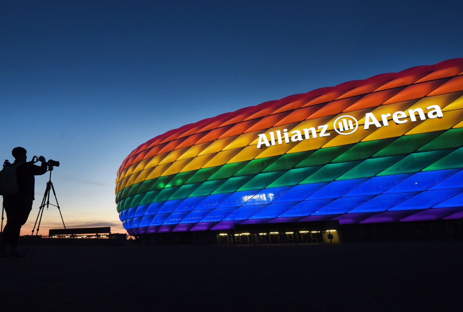 epa09292925 (FILE) - The facade of the landmark 'Allianz Arena' stadium is illuminated in the rainbow colors of the LGBT (Lebian, Gay, Bisexual and Transgender) movement to mark the Christopher Street Day, in Munich, Germany, 09 July 2016 (reissued 2 June 2021). The UEFA has declined a request from Munich authorities to illuminate the stadium's facade in rainbow colours for the UEFA Euro 2020 group stage match Germany vs Hungary to be held on 23 June 2021. "Given the political context of this specific request -- a message aiming at a decision taken by the Hungarian national parliament -- UEFA must decline this request," the football governing body said.  EPA/TOBIAS HASE  GERMANY OUT *** Local Caption *** 52880173