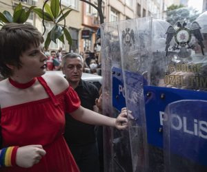 epa09303422 Turkish police block the march of LGBT (lesbian, gay, bisexual, transgender) community members and supporters during the ​Istanbul Pride March in Istanbul, Turkey, 26 June 2021. The Turkish Goverment has banned the Istanbul Pride March as they did in previous years.  EPA/ERDEM SAHIN
