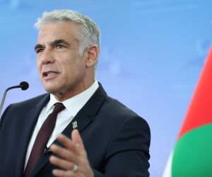 epa09312768 Israeli Foreign Minister Yair Lapid speaks during a press briefing from the Israeli consulate general at the Index Tower, Dubai, United Arab Emirates, 30 June 2021. Lapid arrived to the UAE on 29 June for a two-day official visit, the highest level visit by an Israeli official since the two countries announced the normalization of their relation in September 2020.  EPA/ALI HAIDER