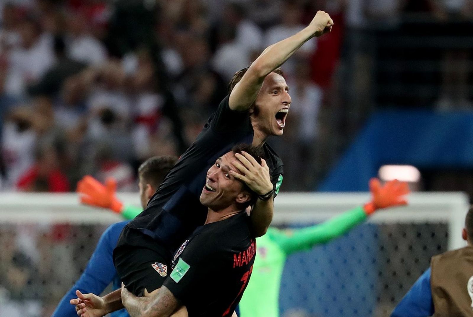 11.07.2018., stadion Luznjiki, Moskva, Rusija - Svjetsko nogometno prvenstvo 2018., polufinale, Hrvatska - Engleska.    Luka Modric, Mario Mandzukic.
Photo: Igor Kralj/PIXSELL