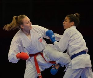22.05.2021., Porec - Europsko prvenstvo u karateu - Female team kumite Hrvatska protiv Francuske, CROATIA (LENARD, LESJAK, VUKOJA, ZORKO) (CRO) vs FRANCE (AGIER, AVAZERI, HEURTAULT, SIVERT) (FRA). Lucija Lesjak u borbi.
Photo: Sasa Miljevic / PIXSELL