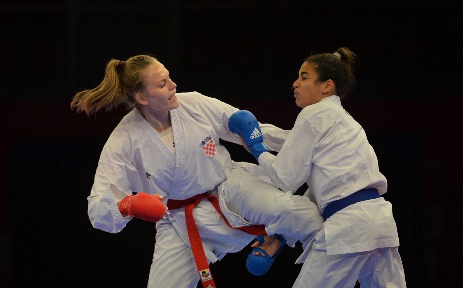 22.05.2021., Porec - Europsko prvenstvo u karateu - Female team kumite Hrvatska protiv Francuske, CROATIA (LENARD, LESJAK, VUKOJA, ZORKO) (CRO) vs FRANCE (AGIER, AVAZERI, HEURTAULT, SIVERT) (FRA). Lucija Lesjak u borbi.
Photo: Sasa Miljevic / PIXSELL
