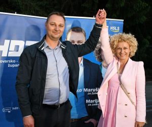 30.05.2021., Bjelovar - Marko Marusic, kandidat HDZ-a nakon 2. kruga izbora postao je novi zupan Bjelovarsko-bilogorske zupanije, a Marija Jungic nova je dozupanica, odnosno njegovom zamjenicom. To je izazvalo veliko odusevljenje i slavlje u stozeru HDZ-a. 
Photo: Damir Spehar/PIXSELL