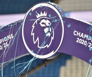 Premier League - Manchester City v Everton Soccer Football - Premier League - Manchester City v Everton - Etihad Stadium, Manchester, Britain - May 23, 2021 General view of the Premier League logo seen on the trophy presentation stage Pool via REUTERS/Peter Powell EDITORIAL USE ONLY. No use with unauthorized audio, video, data, fixture lists, club/league logos or 'live' services. Online in-match use limited to 75 images, no video emulation. No use in betting, games or single club /league/player publications.  Please contact your account representative for further details. PETER POWELL