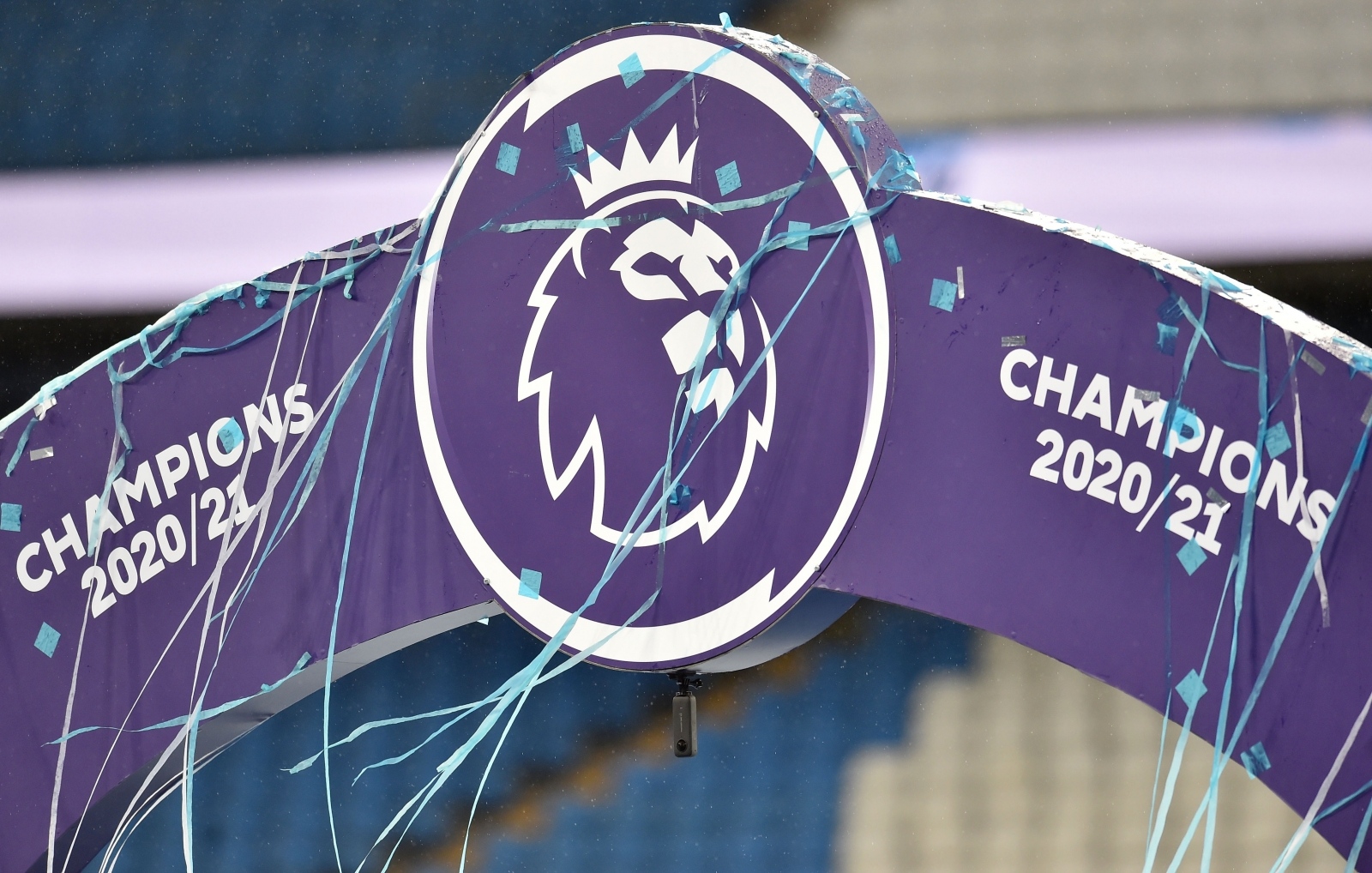 Premier League - Manchester City v Everton Soccer Football - Premier League - Manchester City v Everton - Etihad Stadium, Manchester, Britain - May 23, 2021 General view of the Premier League logo seen on the trophy presentation stage Pool via REUTERS/Peter Powell EDITORIAL USE ONLY. No use with unauthorized audio, video, data, fixture lists, club/league logos or 'live' services. Online in-match use limited to 75 images, no video emulation. No use in betting, games or single club /league/player publications.  Please contact your account representative for further details. PETER POWELL