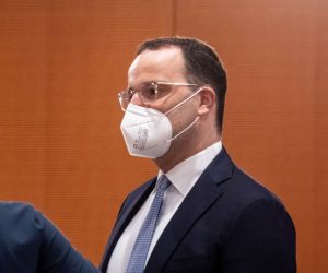 epa09256806 German Health Minister Jens Spahn (R) and German Minister of Food, Agriculture and Consumer Protection Julia Kloeckner are seen before the weekly meeting of the German Federal cabinet in the conference hall of the Chancellery in Berlin, Germany, 09 June 2021.  EPA/FILIP SINGER / POOL