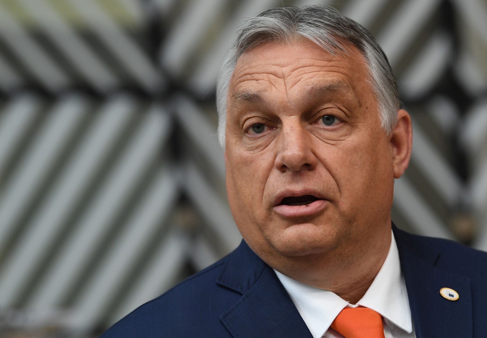 epa09298252 Hungary's Prime Minister Viktor Orban addresses media representatives as he arrives on the first day of a European Union (EU) summit at the European Council Building in Brussels, Belgium, 24 June 2021. EU leaders meet in Brussels for two days to discuss COVID-19, economic recovery, migration and external relations.  EPA/JOHN THYS / POOL