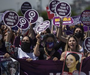 epa09285589 Women hold placards and shout slogans during a rally against Turkey's withdrawal from Istanbul Convention in Istanbul, Turkey, 19 June 2021. Turkish President Recep Tayyip Erdogan pulled Turkey out of the Istanbul Convention, which is an international accord designed to protect women, which was started by the Council of Europe in 2011 for the Prevention of Violence against Women and Domestic Violence, and is signed by 45 European countries as well as the EU as an organization.  EPA/ERDEM SAHIN
