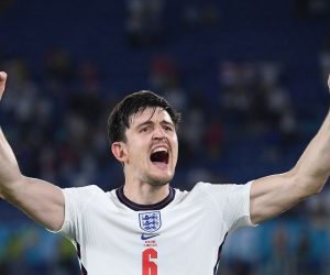 epa09321503 Harry Maguire of England celebrates after winning the UEFA EURO 2020 quarter final match between Ukraine and England in Rome, Italy, 03 July 2021.  EPA/Ettore Ferrari / POOL (RESTRICTIONS: For editorial news reporting purposes only. Images must appear as still images and must not emulate match action video footage. Photographs published in online publications shall have an interval of at least 20 seconds between the posting.)