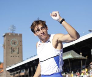 epa09322418 Armand Duplantis of Sweden reacts during the men's Pole Vault event at the Diamond League athletics meeting in Stockholm, Sweden, 04 July 2021.  EPA/Christine Olsson  SWEDEN OUT
