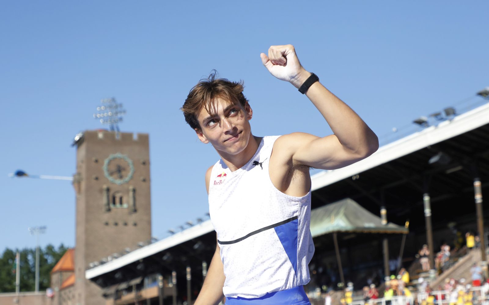 epa09322418 Armand Duplantis of Sweden reacts during the men's Pole Vault event at the Diamond League athletics meeting in Stockholm, Sweden, 04 July 2021.  EPA/Christine Olsson  SWEDEN OUT