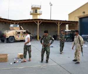 epa09324752 Afghan army soldiers keep watch inside the Bagram Air Base, some 50 kilometers north of the capital Kabul, Afghanistan, 05 July 2021.After nearly two decades, the US military has left the Bagram Airfield in central Afghanistan and has handed it over to Afghan National Defense and Security Forces on 02 July.  EPA/HEDAYATULLAH AMID