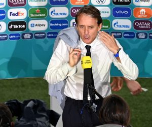 epa09327338 Head coach of Italy Roberto Mancini speaks to the media after the UEFA EURO 2020 semi final between Italy and Spain in London, Britain, 06 July 2021. Italy won the game after penalty shoot-out.  EPA/Facundo Arrizabalaga / POOL (RESTRICTIONS: For editorial news reporting purposes only. Images must appear as still images and must not emulate match action video footage. Photographs published in online publications shall have an interval of at least 20 seconds between the posting.)
