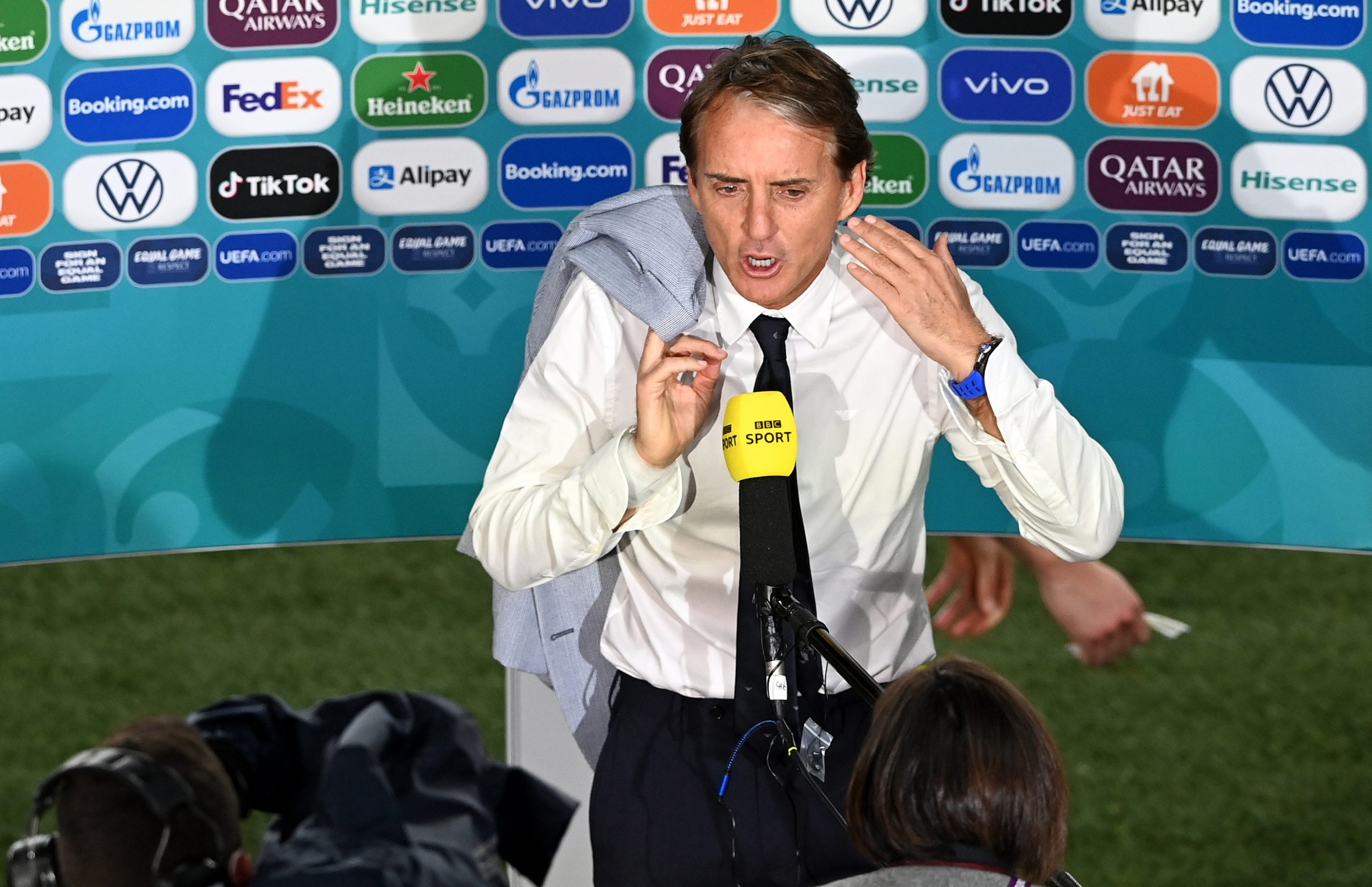 epa09327338 Head coach of Italy Roberto Mancini speaks to the media after the UEFA EURO 2020 semi final between Italy and Spain in London, Britain, 06 July 2021. Italy won the game after penalty shoot-out.  EPA/Facundo Arrizabalaga / POOL (RESTRICTIONS: For editorial news reporting purposes only. Images must appear as still images and must not emulate match action video footage. Photographs published in online publications shall have an interval of at least 20 seconds between the posting.)