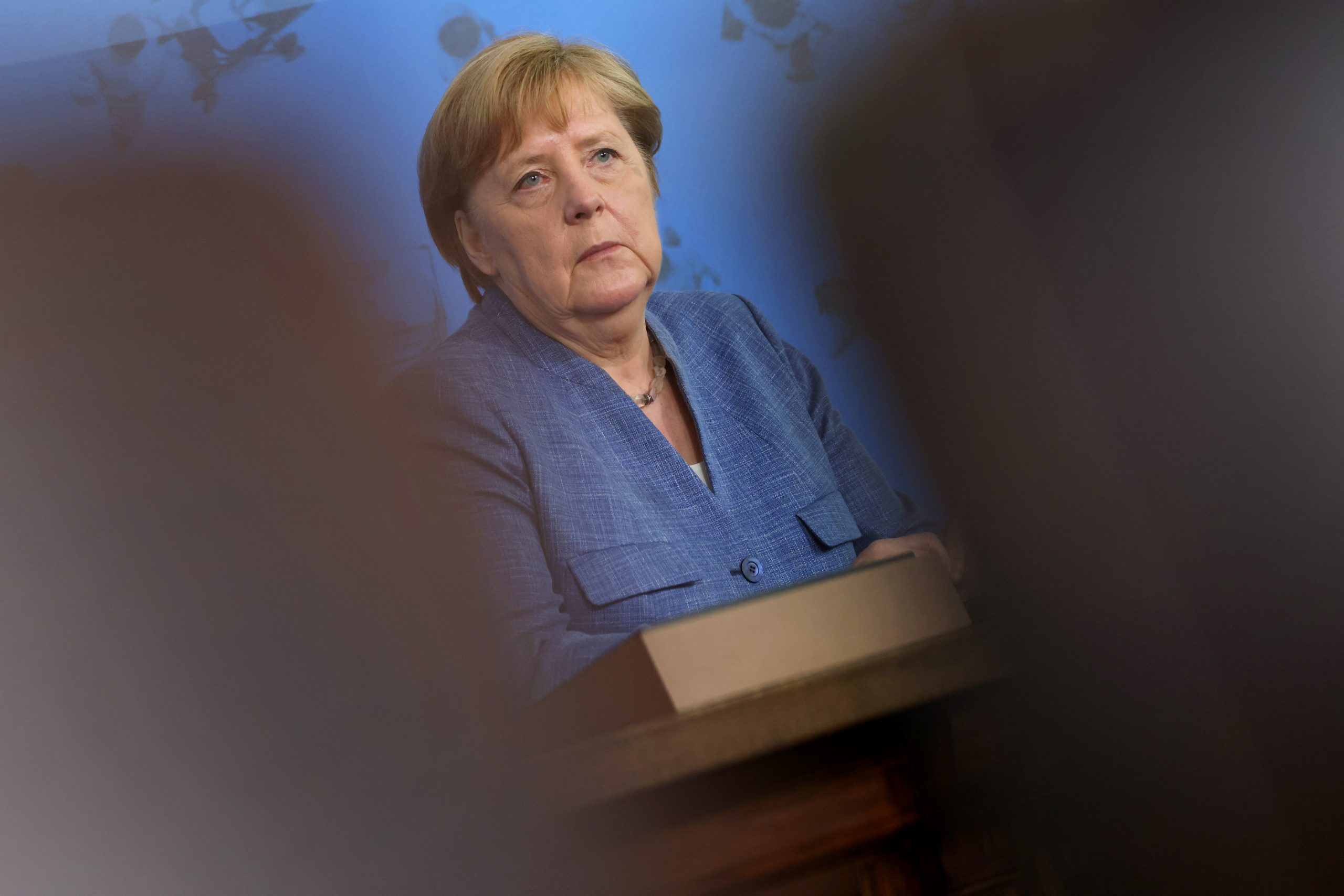 epa09341756 German Chancellor Angela Merkel speaks to the media during a visit to the Robert Koch Institute, in Berlin, Germany, 13 July 2021. Merkel made a strong appeal for people in Germany to get vaccinated against COVID-19. The Robert Koch Institute (RKI) is Germany's main institute for the prevention of infectious diseases and has advised the German government on its coronavirus disease (COVID-19) pandemic policies.  EPA/SEAN GALLUP / POOL
