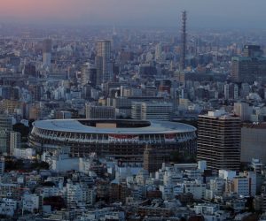 epa09356446 A general view of the Olympic Stadium, the main venue of the 2020 Summer Olympic Games, at sunset in Tokyo, Japan, 21 July 2021, two days ahead of the Olympic opening ceremony.  EPA/YONHAP SOUTH KOREA OUT